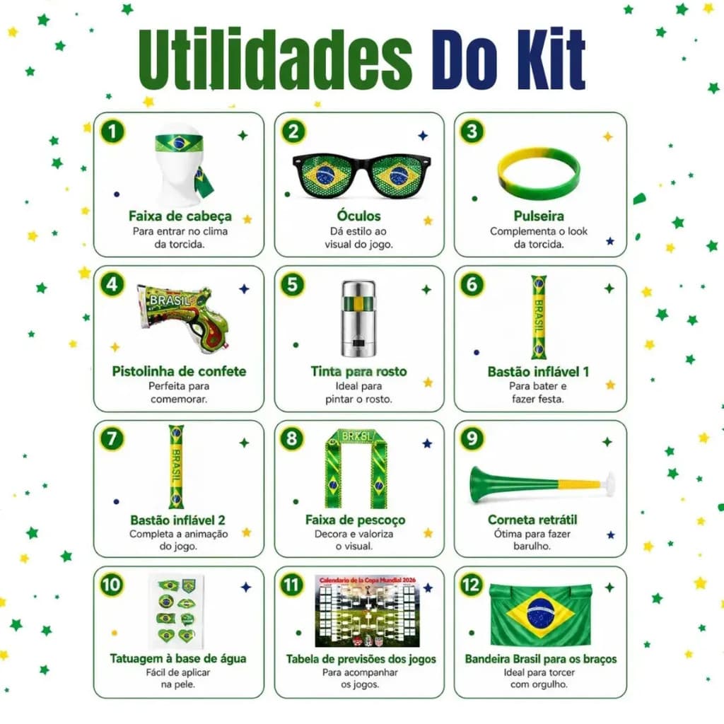 Kit Torcedor Brasil 12 Itens Completo Copa Do Mundo 2026 BR888