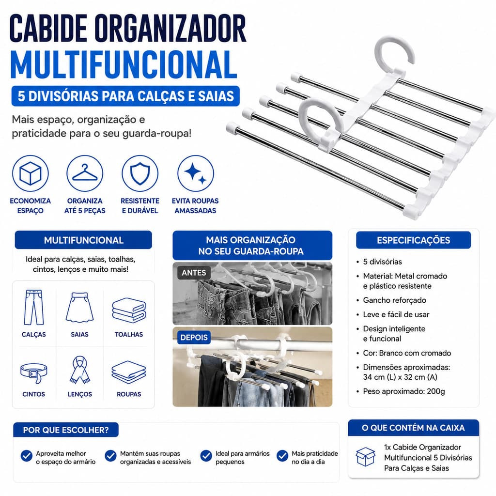 Cabide 5 em 1 Retrátil Multifuncional Organizador Aço Calças Jeans Guarda Roupas