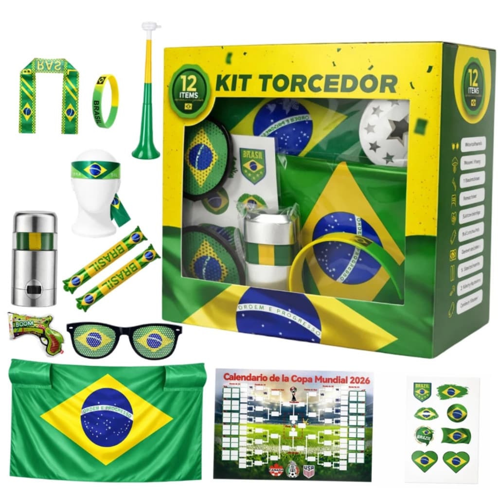 Conjunto 12 peças Torcedor Brasil Copa 2026 Completo Acessórios Festa Futebol