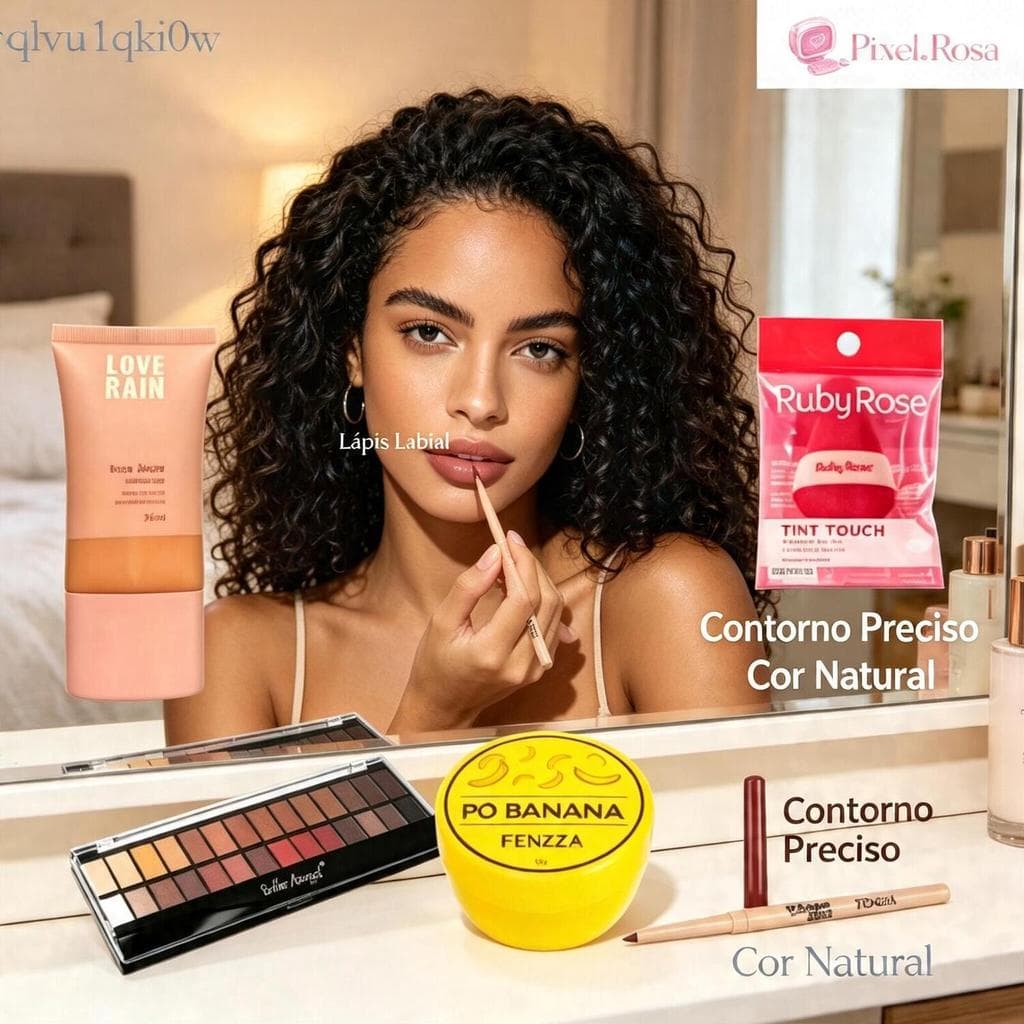 Kit de Maquiagem 5 Itens com Base Líquida, Paleta de Sombras, Lápis Labial, Pó Facial e Lenço Demaquilante Pixel.Rosa