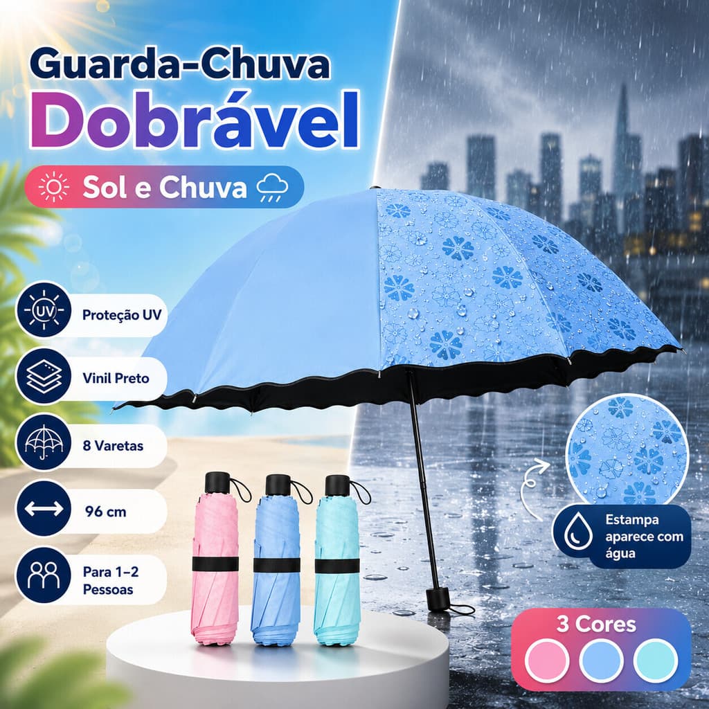 Sombrinha com Estampa que Surge na Chuva – Dobrável, Proteção UV, 8 Varetas, 96cm, Uso para Sol e Chuva