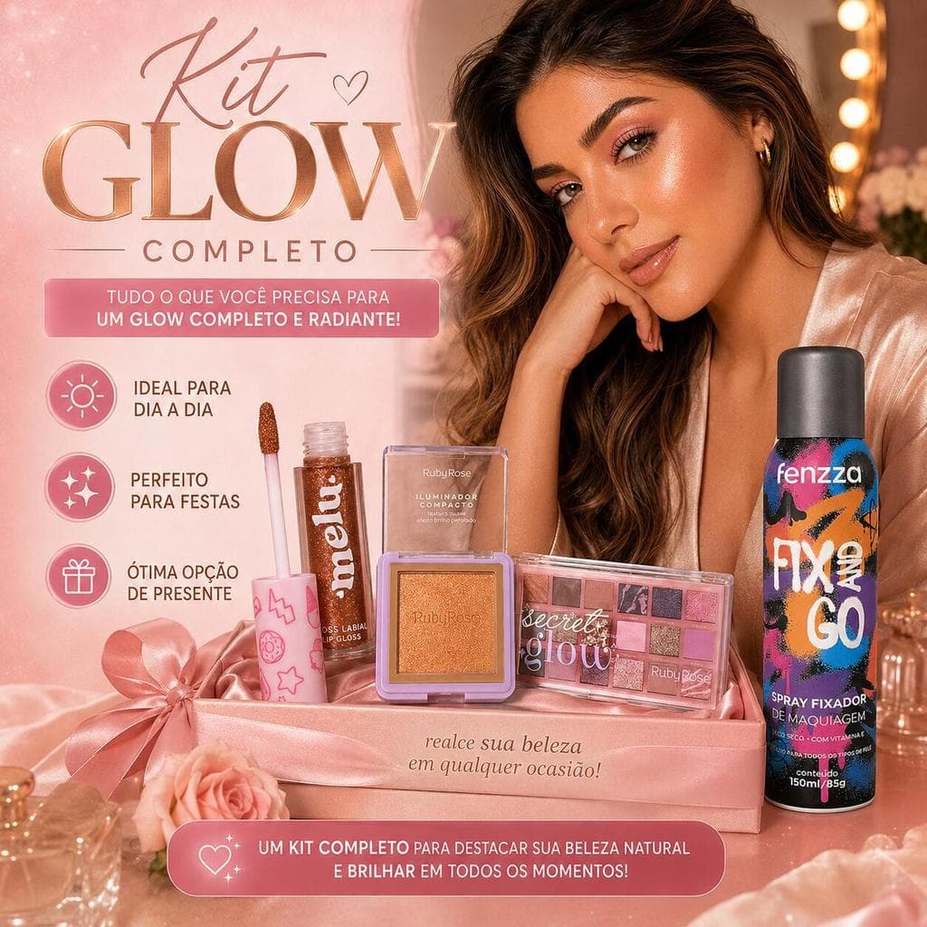 Kit Maquiagem Completo Ruby Rose Melu Fenzza Paleta Secret Glow Gloss Banoffee Iluminador HL110 Spray Fixador