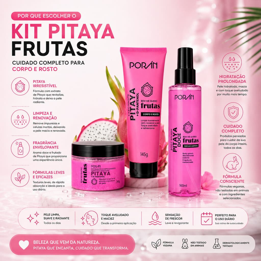 Kit PORÁN Pitaya – Body Splash + Sabonete Esfoliante – Para Corpo, Rosto e Cuidados Diários