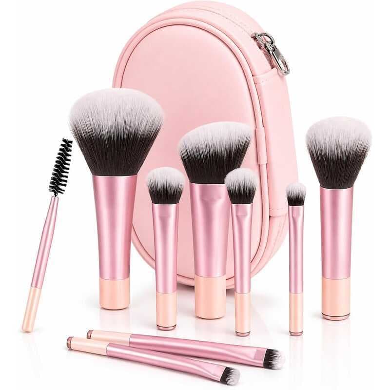Kit Mini Pincéis de Maquiagem 10 Peças Travel Size com Nécessaire Cerdas Macias para Make Completa - Rosa