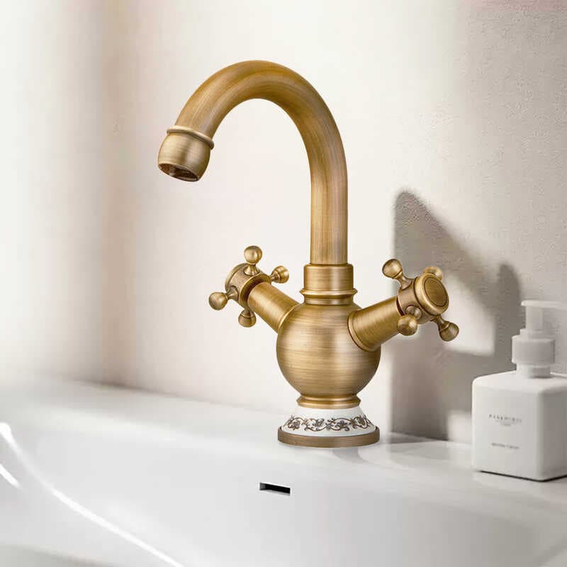 Todo o cobre antigo alça dupla torneira do agregado familiar sob bancada dourado pia da cozinha lavatório quente e frio