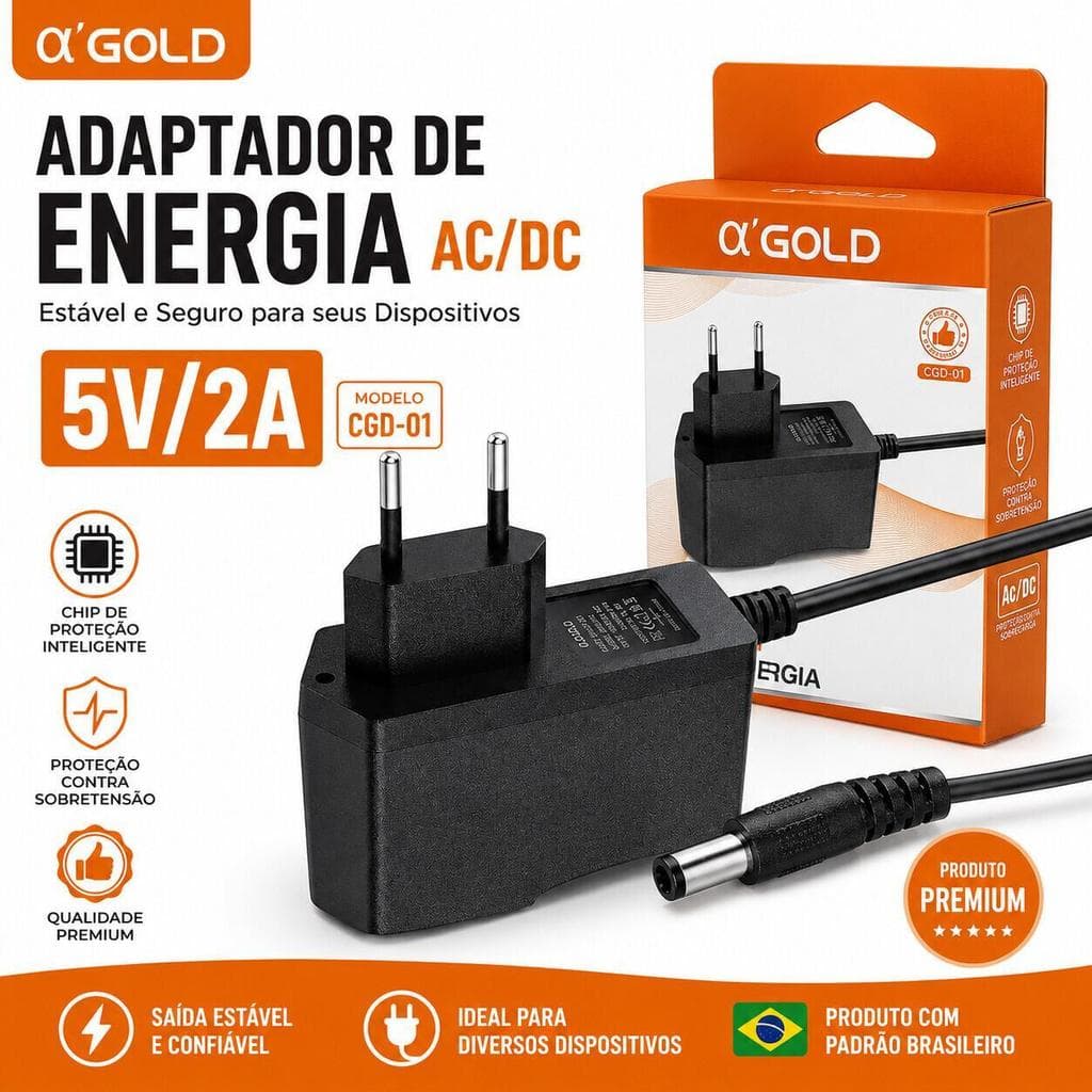 Fonte Universal A'GOLD 5V 9V 12V 2A Bivolt para Roteador Wi-Fi Câmera CFTV Modem e Eletrônicos
