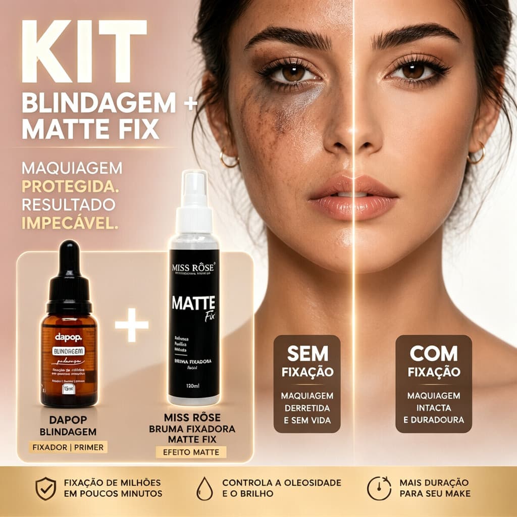 Kit Fixação Make: Blindagem Dapop e Bruma Fixadora Matte Fix Miss Rôse – Longa Duração