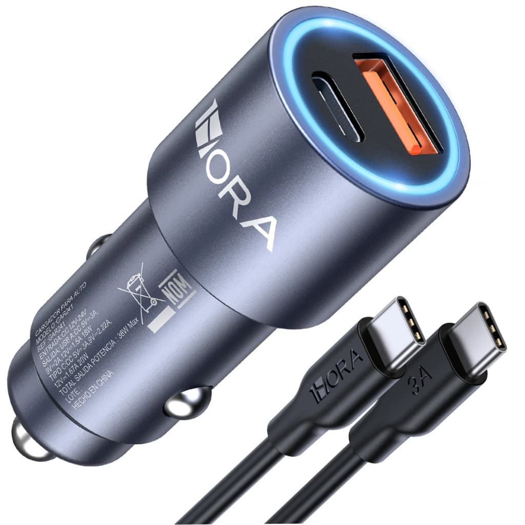 Carregador Veicular Rápido 38W com USB-C PD e USB-A QC