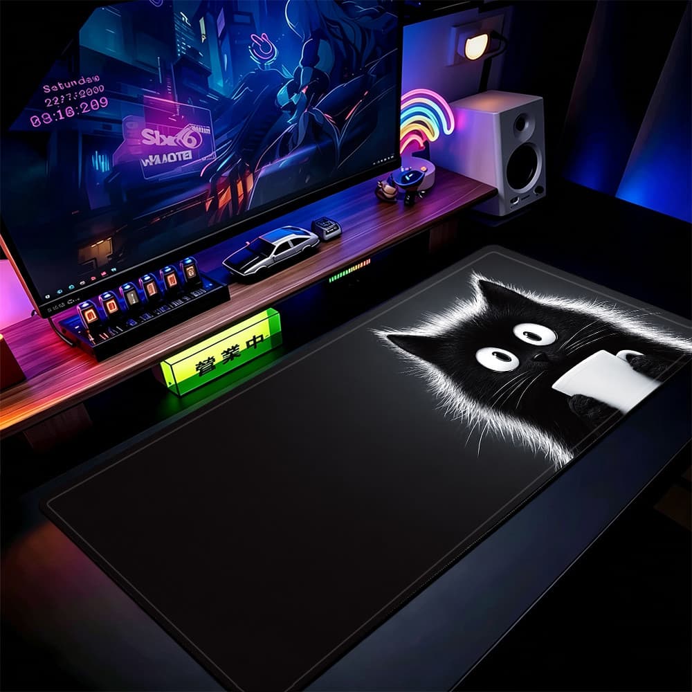 Engraçado Gato Preto Café Mouse Pad 80x30cm Tapete De Mesa Estendido Base Antiderrapante Bordas Costuradas
