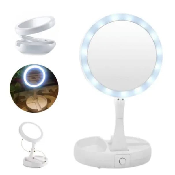 Espelho de Maquiagem LED Dobrável com Aumento 10x Luz USB Organizador de Mesa Branco