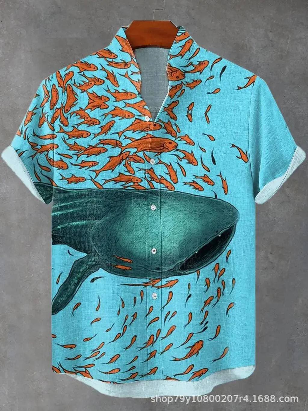 2026 Camisa Masculina Havaiana Peixe Grande Comer Pequeno Padrão Tamanho Praia Comércio Exterior Plus