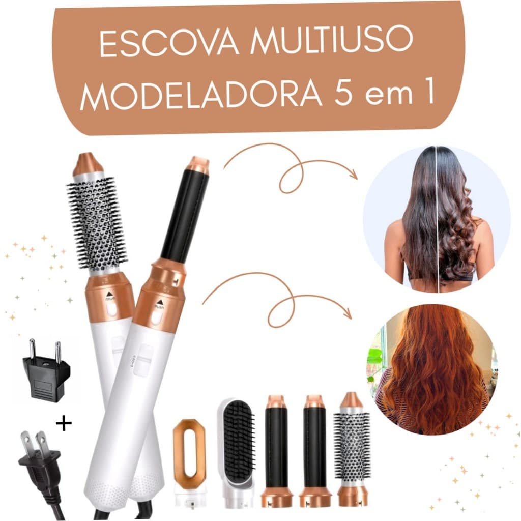 PREMIUM Branca c/ Dourada - Escova 5 em 1 Multiuso 110V - Seca, Modela, Alisa e Penteia