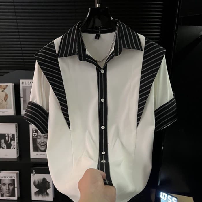 Curto de manga curta não-ferro masculino versão coreana estilo Casual camisa listrado verão estilo fino nicho costura ma
