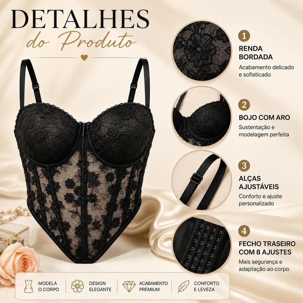 Corset Feminino de Renda Modelador Elegante Ajustável para Festas Casamentos e Eventos