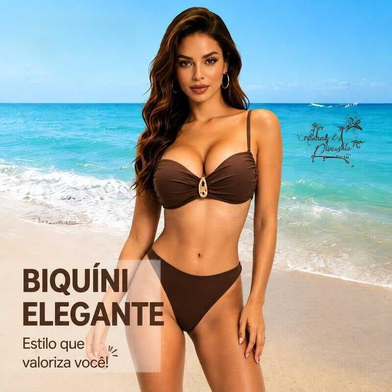 Biquíni Feminino Conjunto Duas Peças Com Aplicação Metálica Alças Finas Traje de Banho Moda Praia Verão