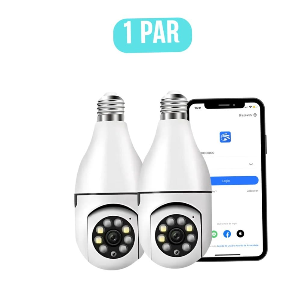 Kit 2 Câmeras Lâmpada WiFi 360° IP Full HD Visão Noturna