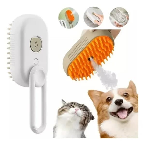 Escova de Limpeza Pet com Vapor e Spray 3 em 1 Recarregável USB para Gatos e Cachorros