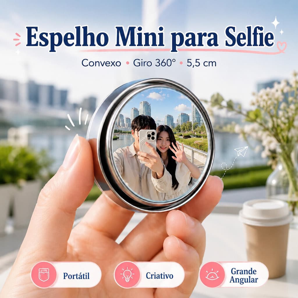 Espelho Convexo Portátil para Selfies – Redondo Pequeno, Ideal para Registro de Pegadas em Viagens