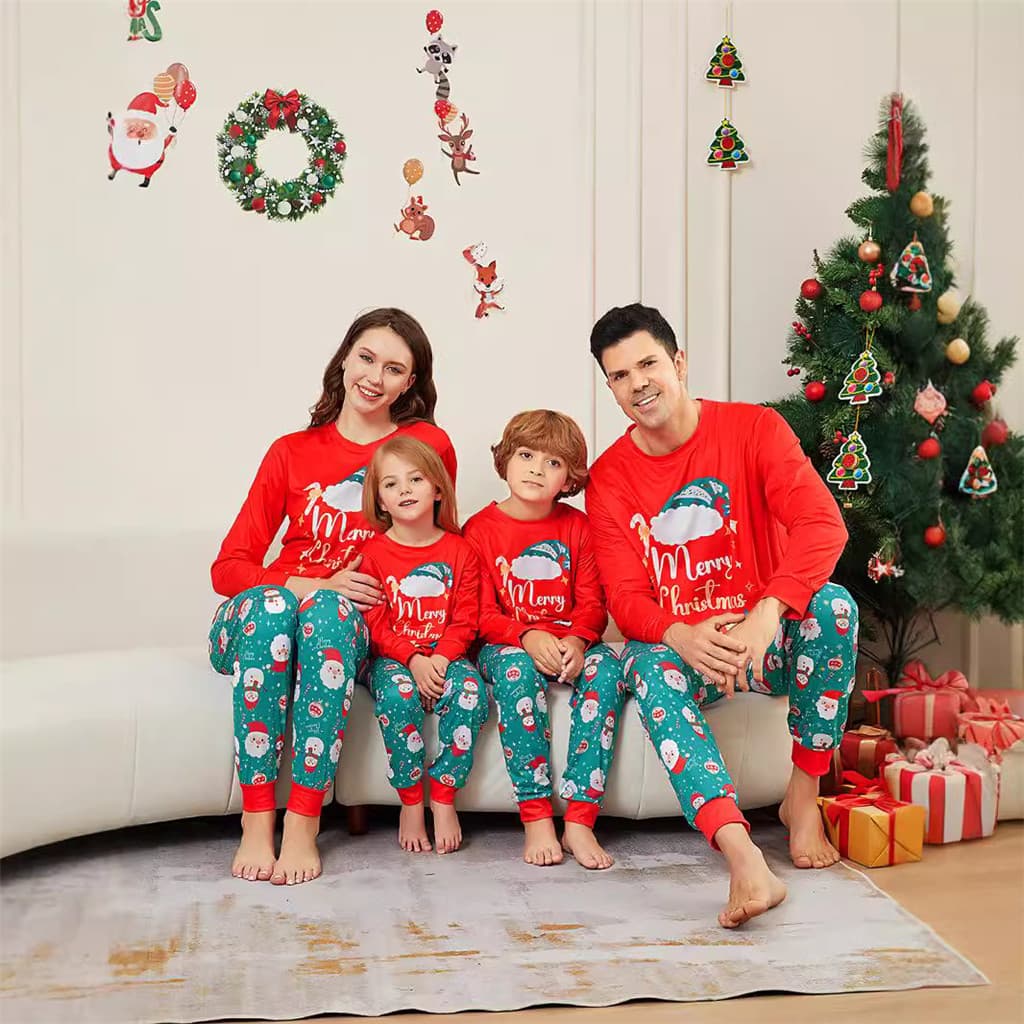 Pijamas De Natal Para A Família Combinando Mãe Pai Crianças Manga Longa Chapéu De Papai Noel Impressão Camisetas Vermelh