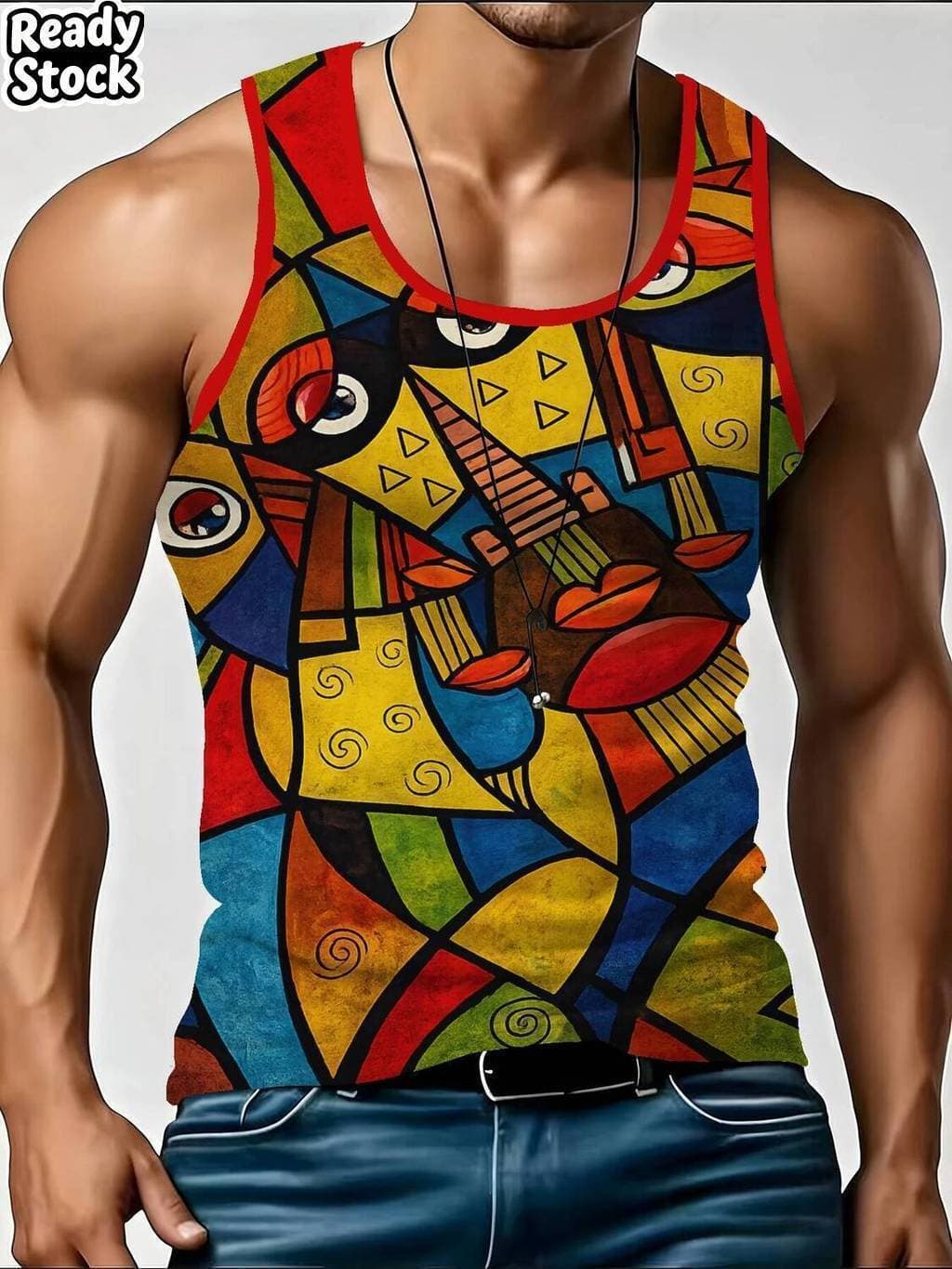 Nova Moda Triângulo Impressão Geométrica Masculina Regatas Base Hip Hop Verão Sem Mangas Tendência Superior Rua Homem Ro