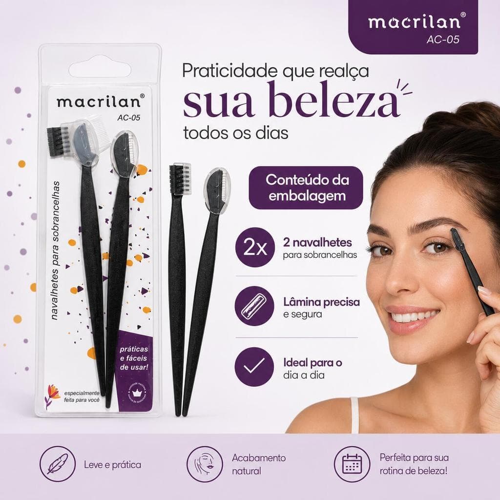 Kit 2 Navalhetes para Sobrancelhas Macrilan AC-05 com Pente Protetor para Design e Acabamento dos Fios