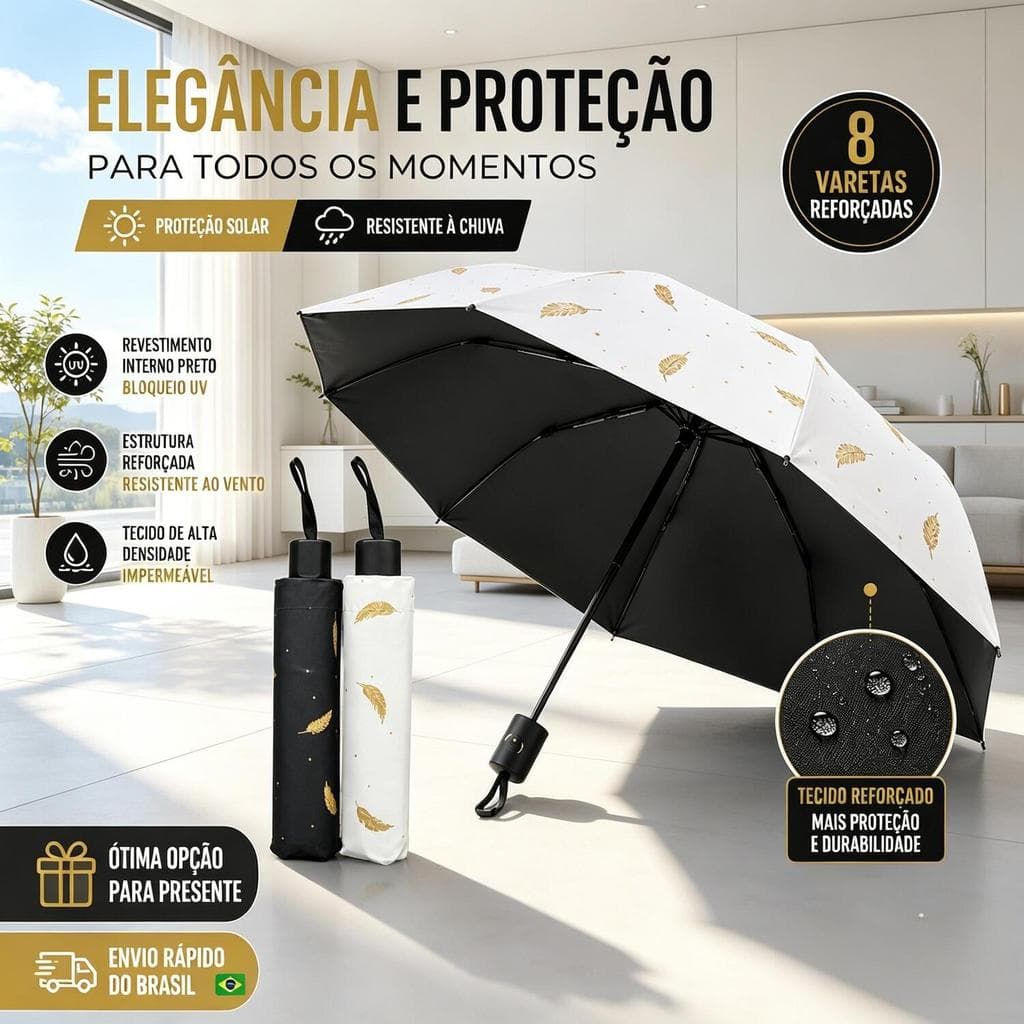 2 Sombrinhas Dobráveis Femininas com Proteção UV – Estampa Penas Douradas, Compactas, Preto ou Branco LEN-1290