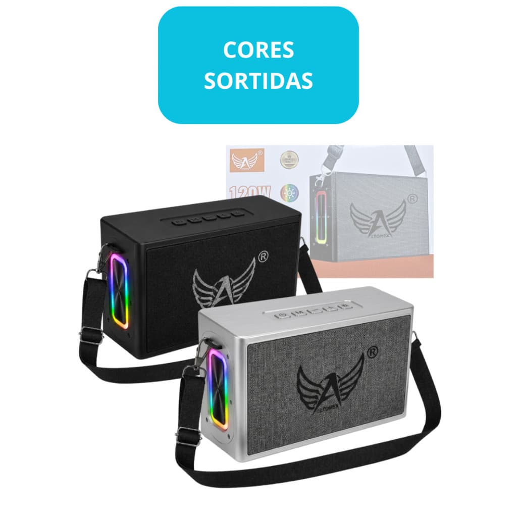 Caixa De Som Bluetooth Potente 120W Altomex Alça De Ombro LED RGB Radio FM USB P2 AL-8303