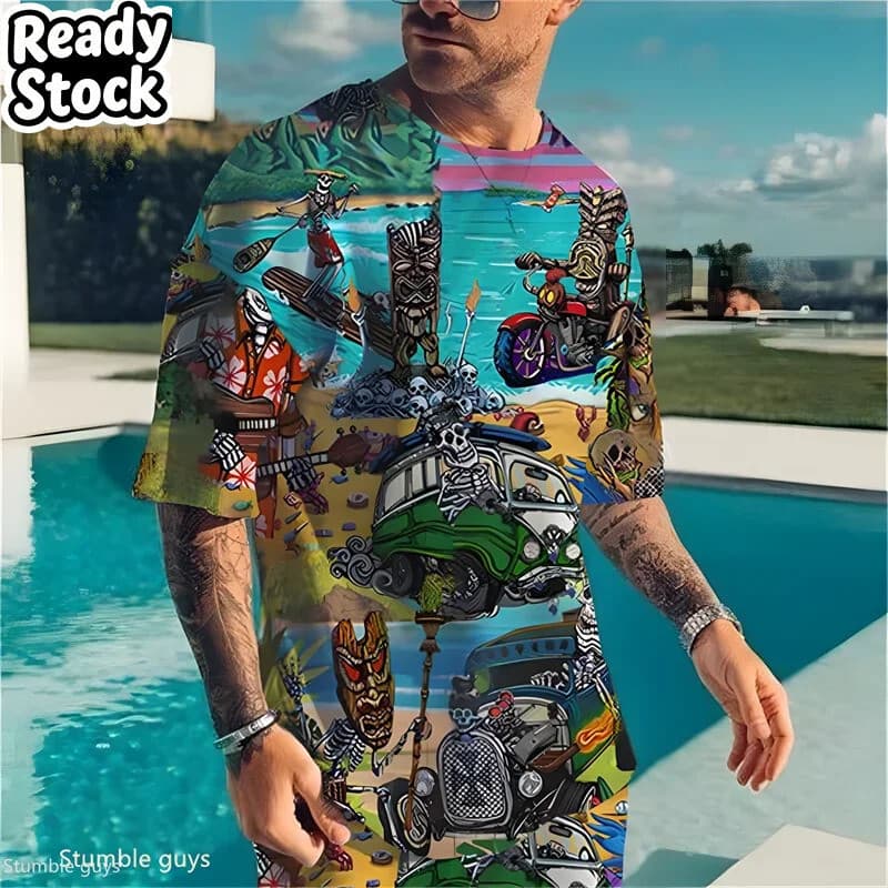 Verão Masculino Quente Tamanho Grande Casual Camiseta Retro Inspirado Solto Manga Curta Tecido Respirável Oversized 3D D