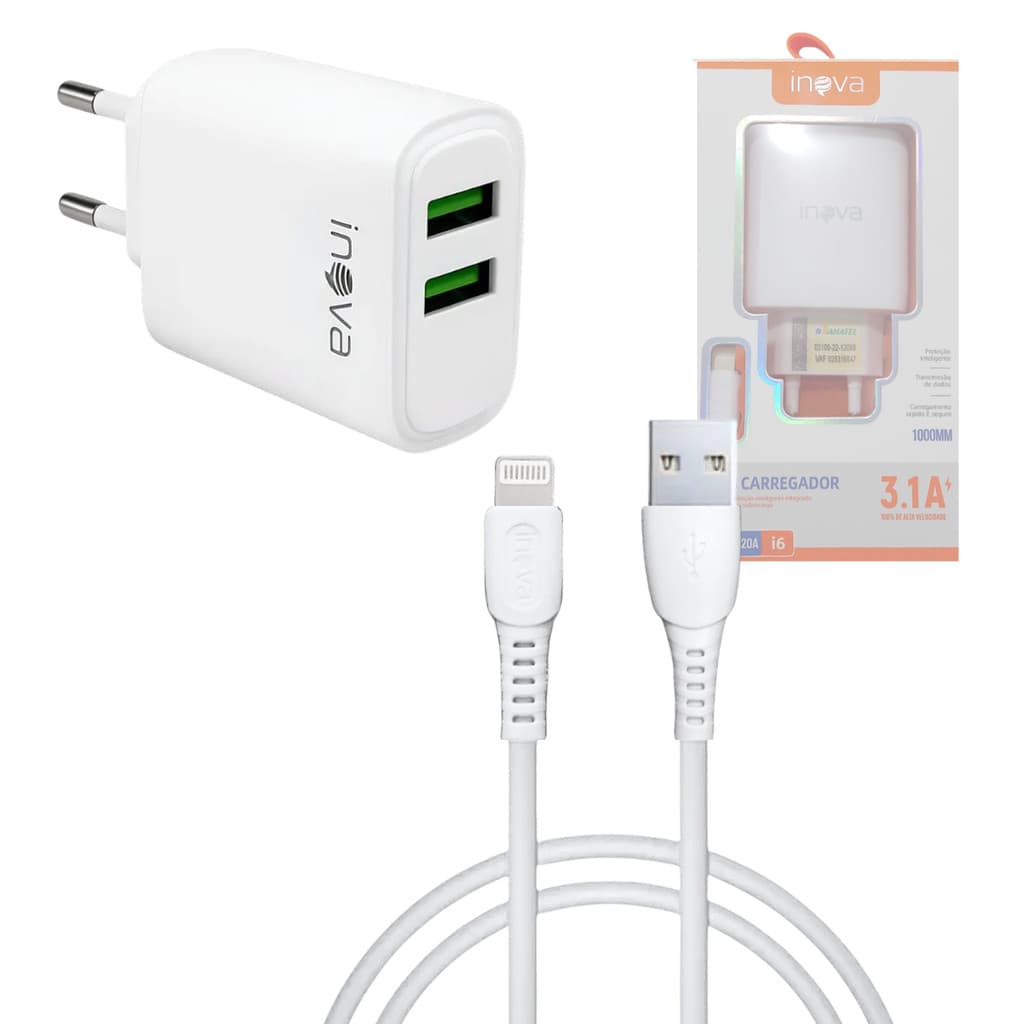 Carregador Completo 02 Entradas USB 3.1A com Cabo de 1 Metro i6 INOVA CAR-12820A