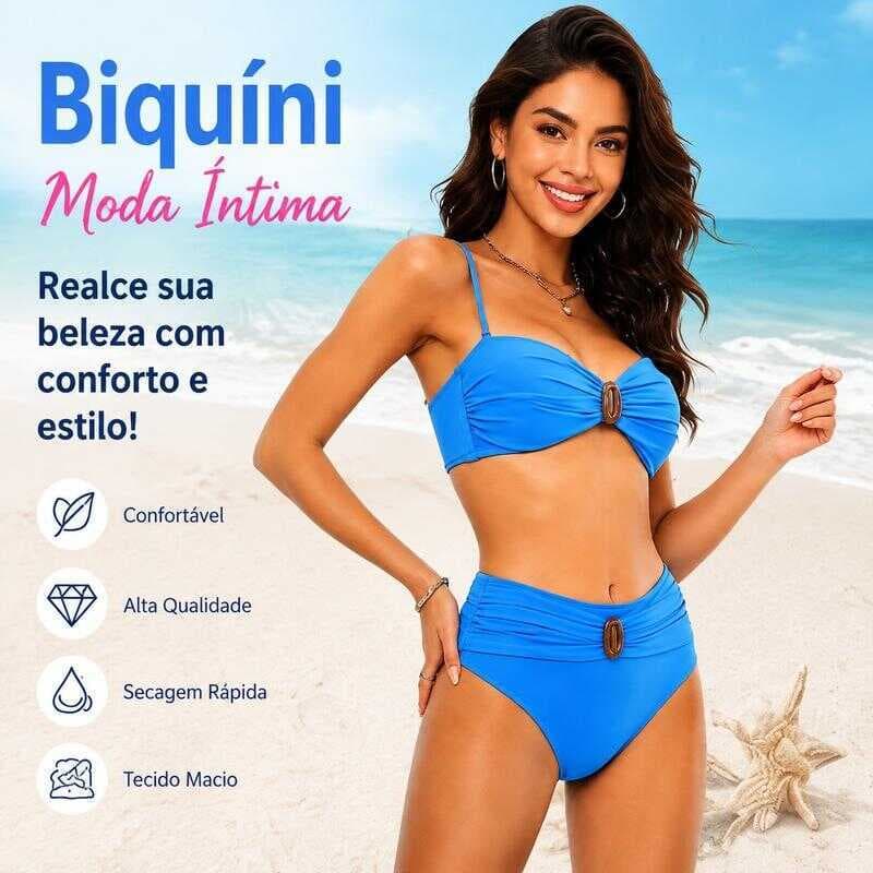 Conjunto Biquíni Cintura Alta Feminino Fivela Madeira Moda Praia