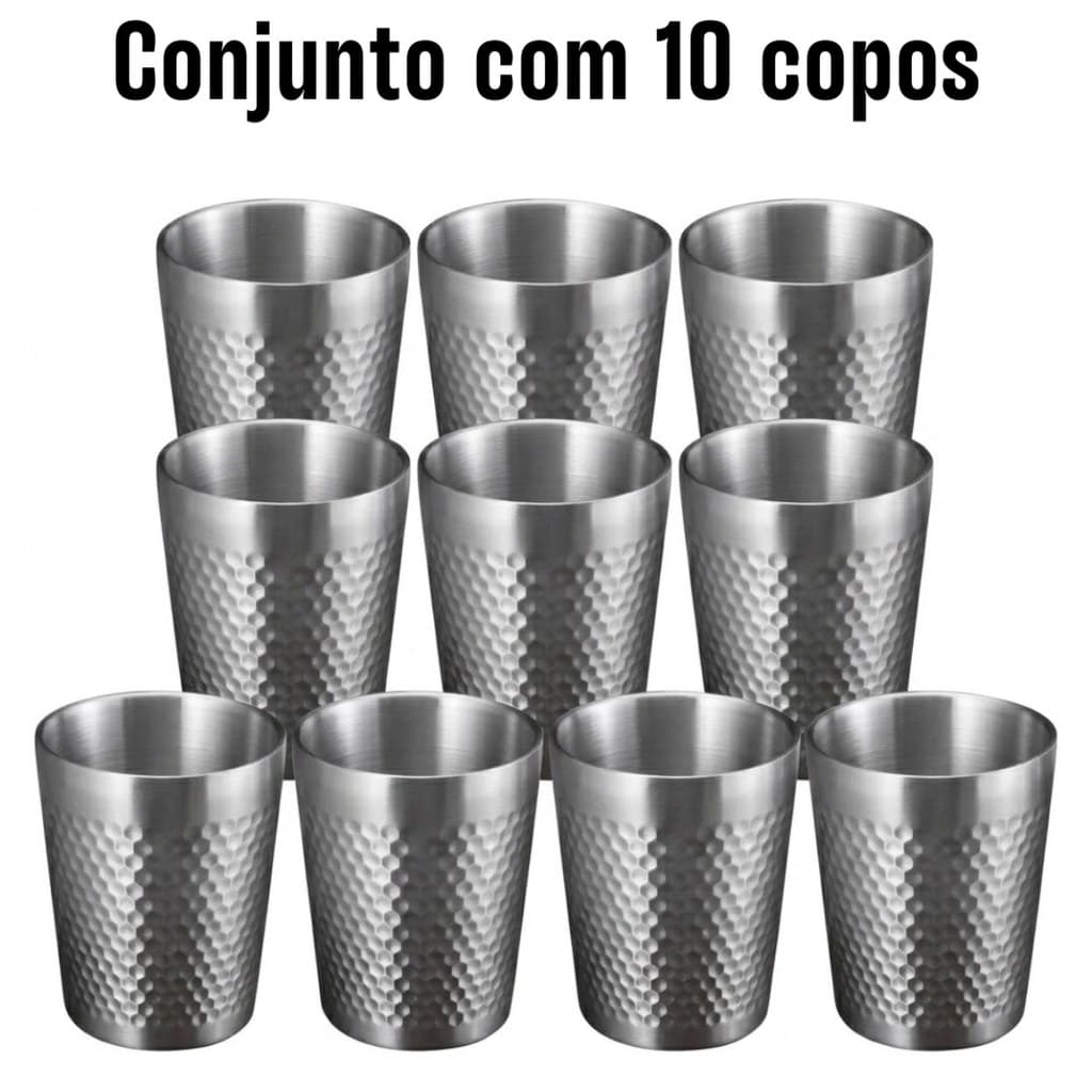 Copo Inox 175ml Parede Dupla Hexagonal Martelado Kit 10 Unidades Café Chá