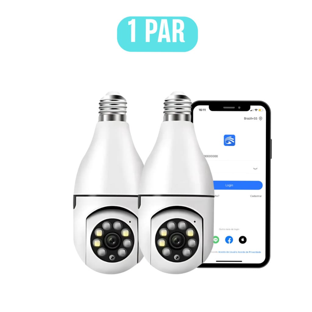 Kit 2 Câmeras Lâmpada WiFi 360° Full HD Visão Noturna