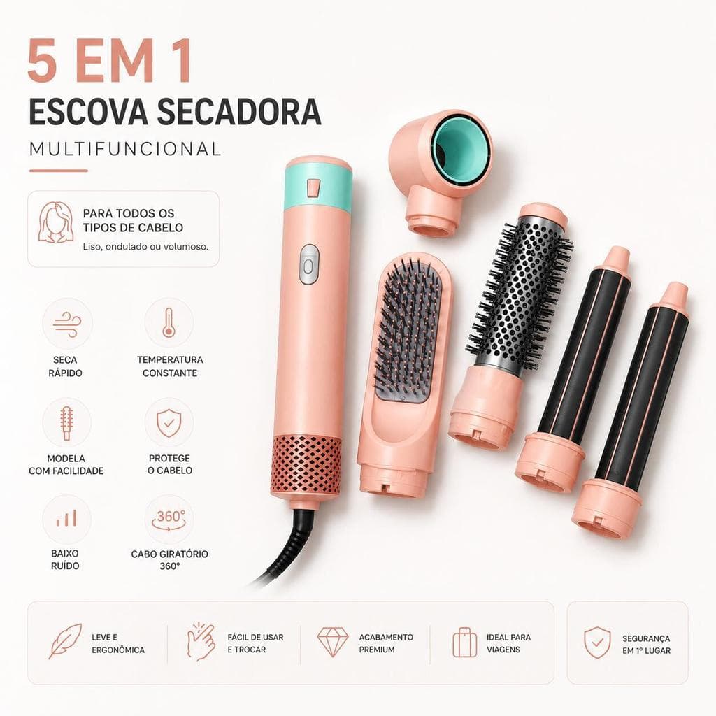 Escova Secadora 5 em 1 Multifuncional Modeladora Alisa Seca e Dá Volume