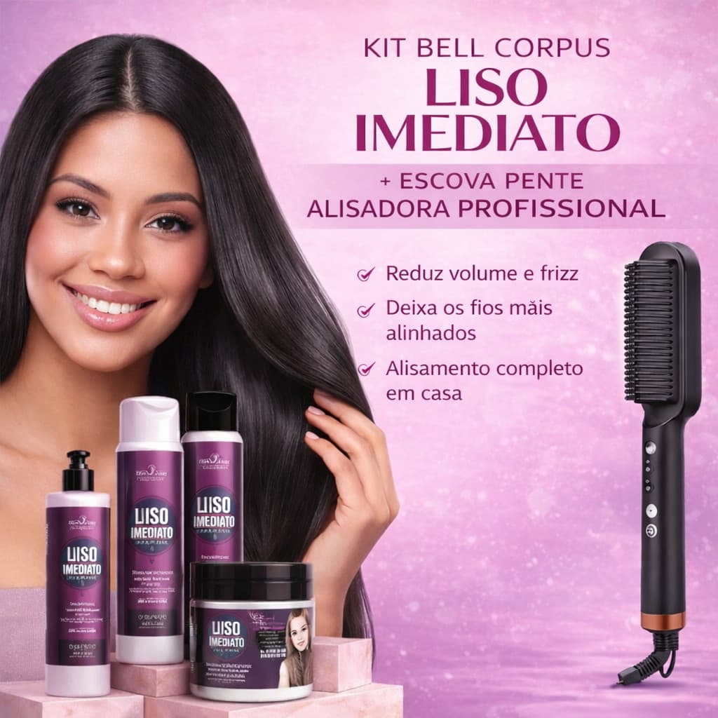 Kit Liso Imediato Redutor de Volume + Escova Pente Alisadora