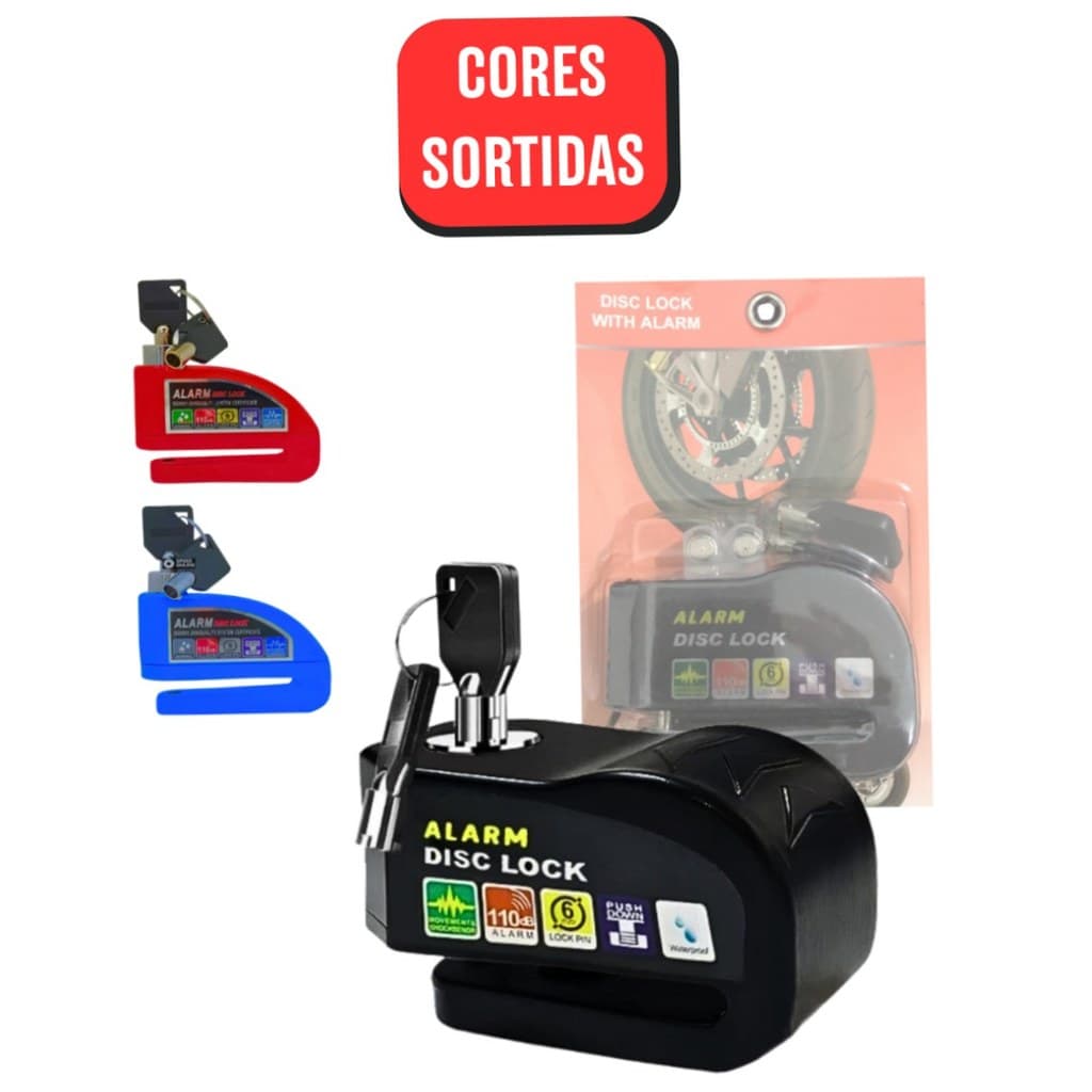 Trava Cadeado Disco De Freio Com Alarme Antifurto Para Moto - (Cores Sortidas)