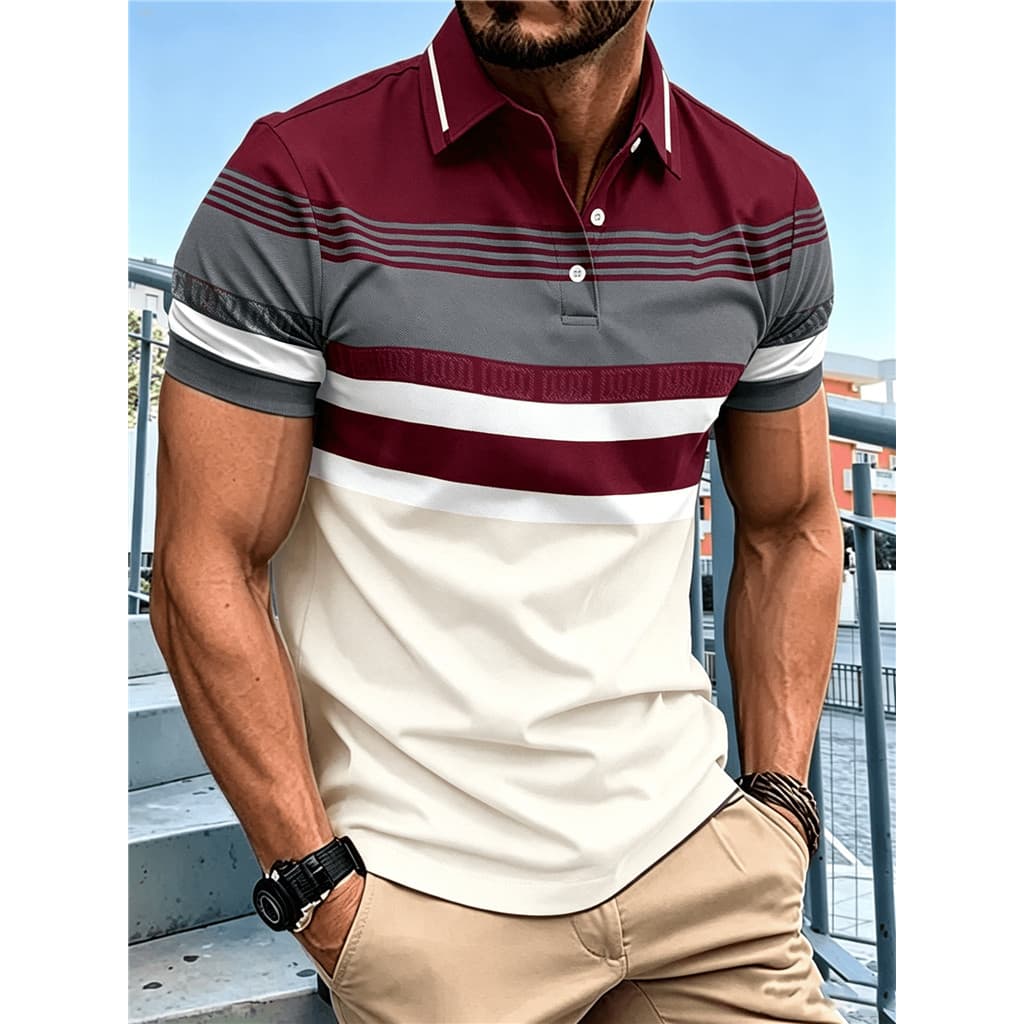 Polo Listrado Em Bloco Colorido Masculino Camisa Gola Lapela Respirável Manga Curta Verão Casual Top
