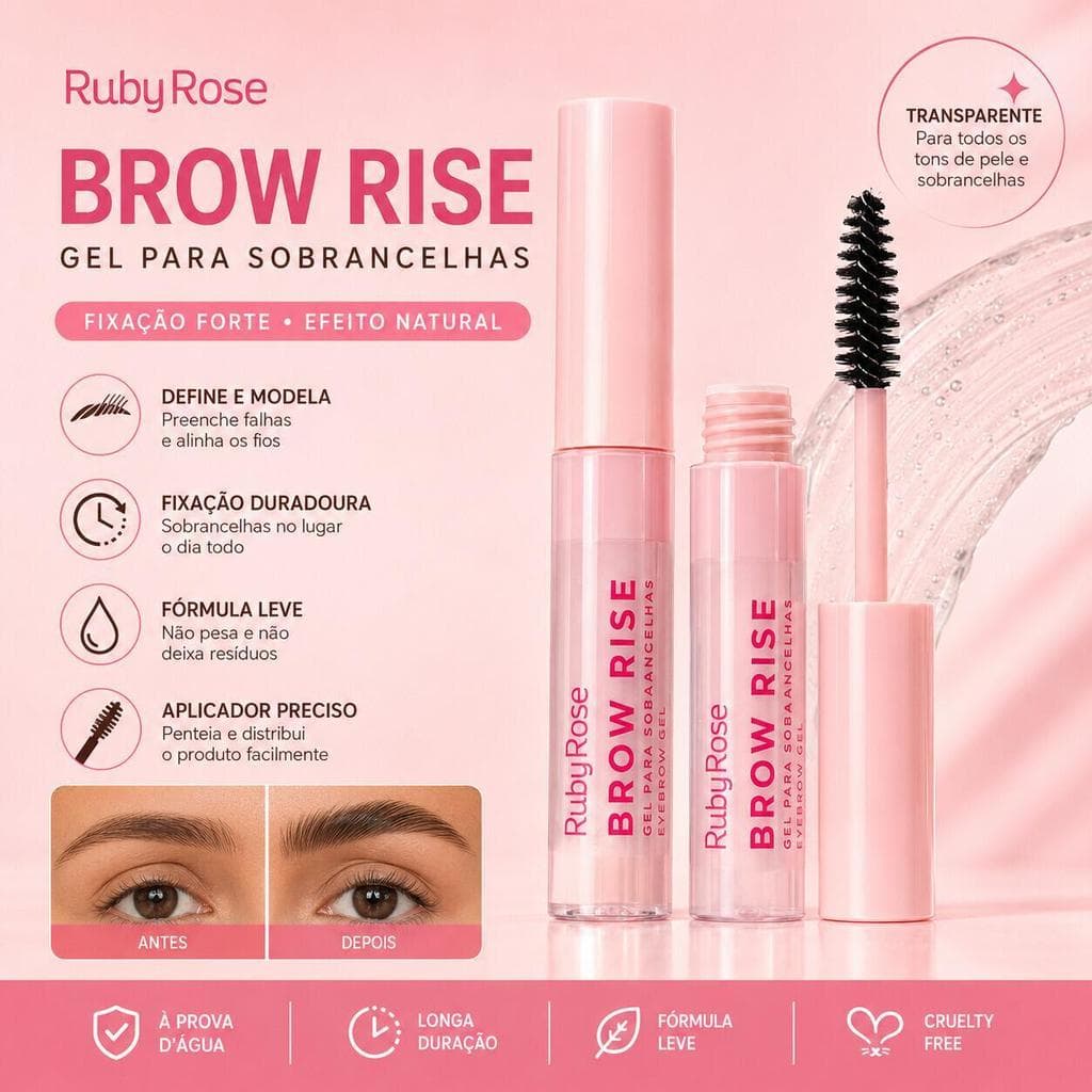 Gel para Sobrancelhas Ruby Rose Brow Rise HB-E2503 Fixação Duradoura Acabamento Natural e Toque Seco