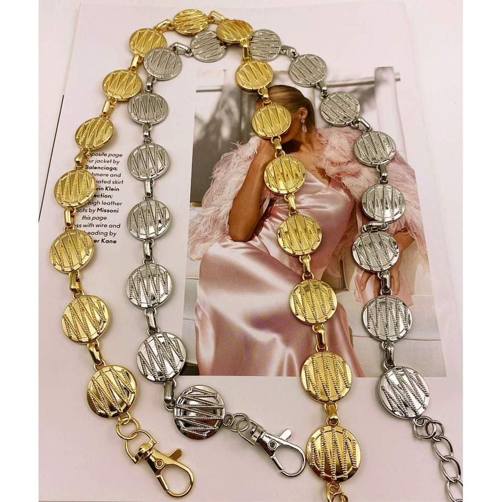 Cinto de moda em metal com corrente para senhoras; dourado/prateado; estilo vintage punk; cintura alta