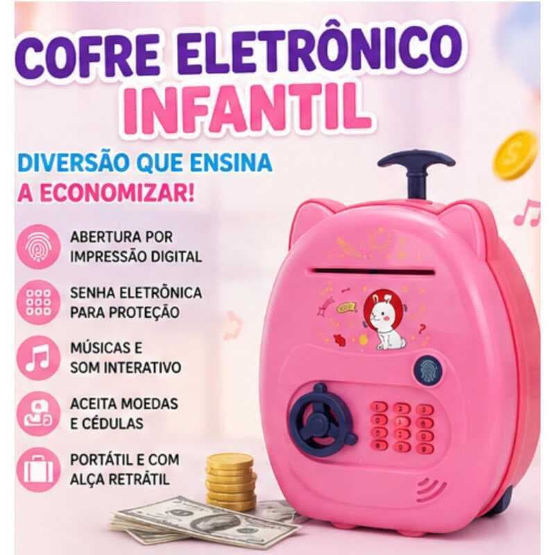 Cofre Eletrônico Infantil Rosa Senha Digital – Cofrinho para Moedas Cédulas com Som, Luz e Alça