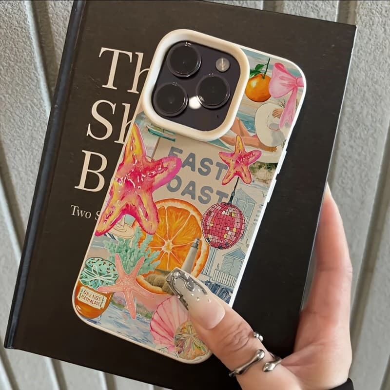 Capa para iPhone 11 12 13 14 15 16 17 Pro Max XS Max Capa para celular Com Colagem de verão com estrela‑do‑mar