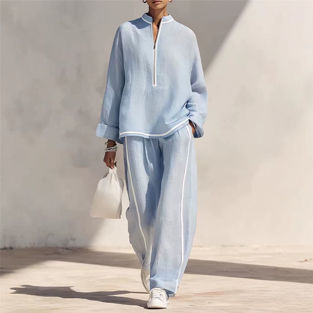Outono gola alta meio zíper terno de linho feminino solto contraste cor borda manga comprida topo + listrado
