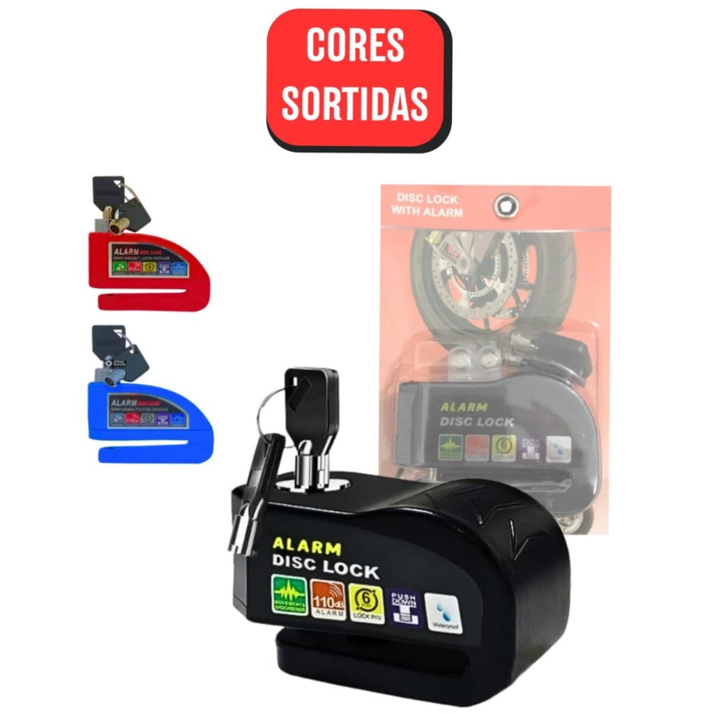 Trava Cadeado Disco De Freio Com Alarme Antifurto Para Moto - (Cores Sortidas)