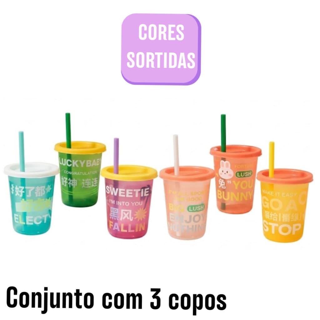 Conjunto 3 Copos Infantis com canudo - (Cores Sortidas)