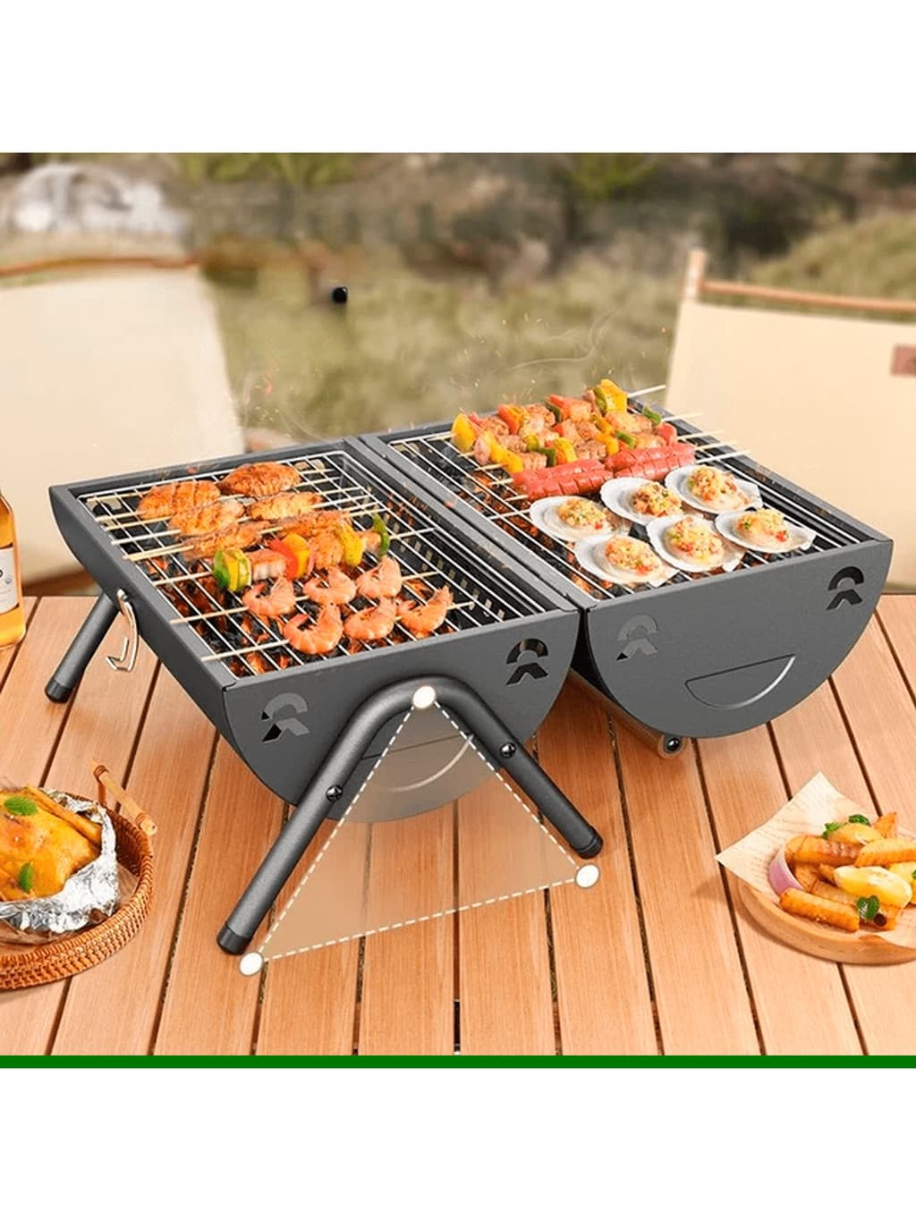 Churrasqueira Portátil Grelha Com Dupla Face Bafo a Carvão Com Chaminé  Carne Camping Jardim Festa  Cozimento Snel Home