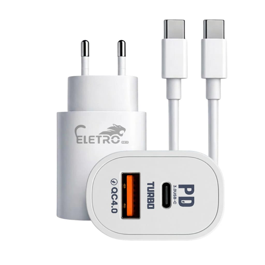 Carregador Completo Turbo 40W 9.1A Dual USB / Tipo-C e Cabo Tipo-C Eletromex EL-4016-CC