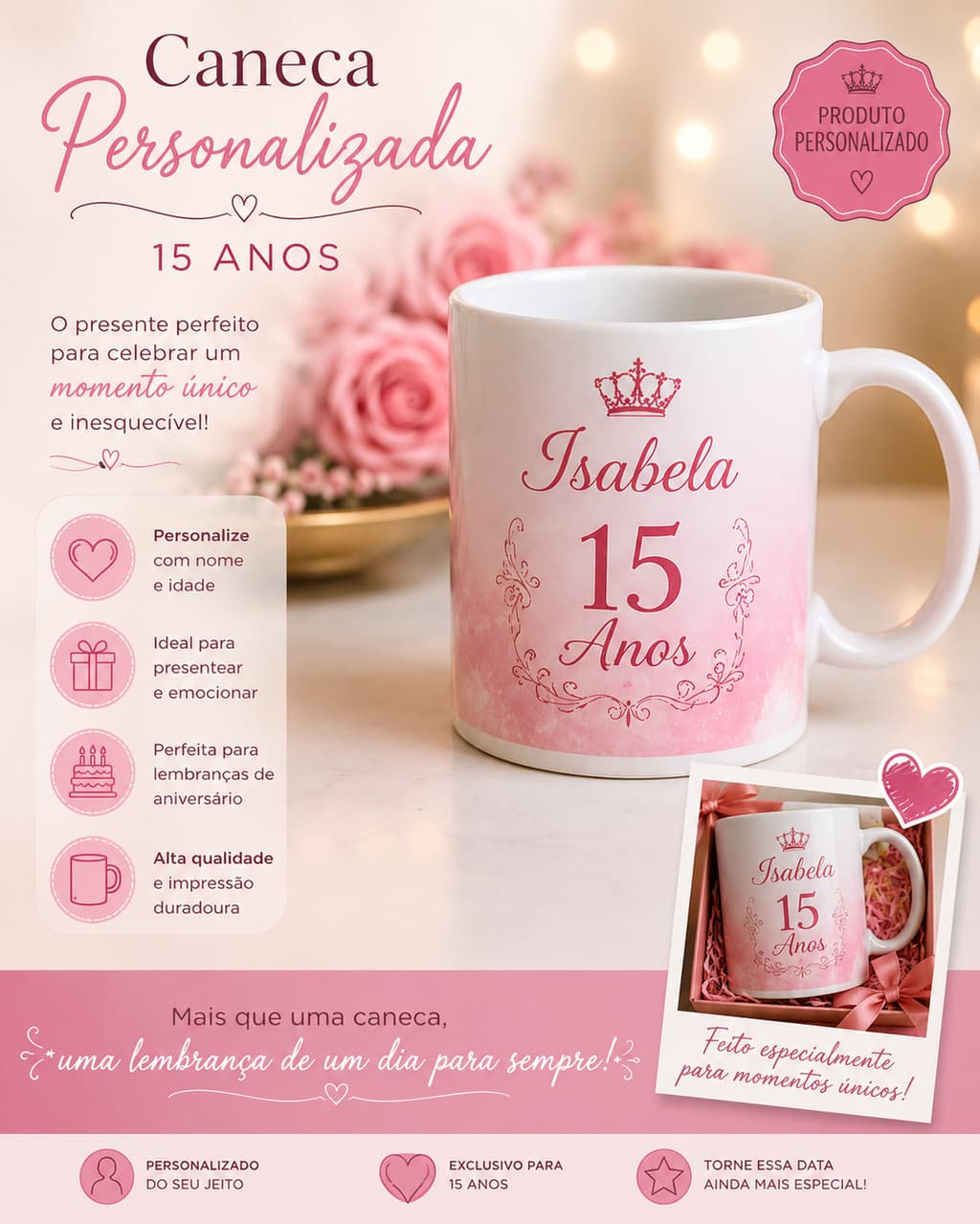 Caneca 325ML Personalizada 15 Anos com nome, presente 15anos