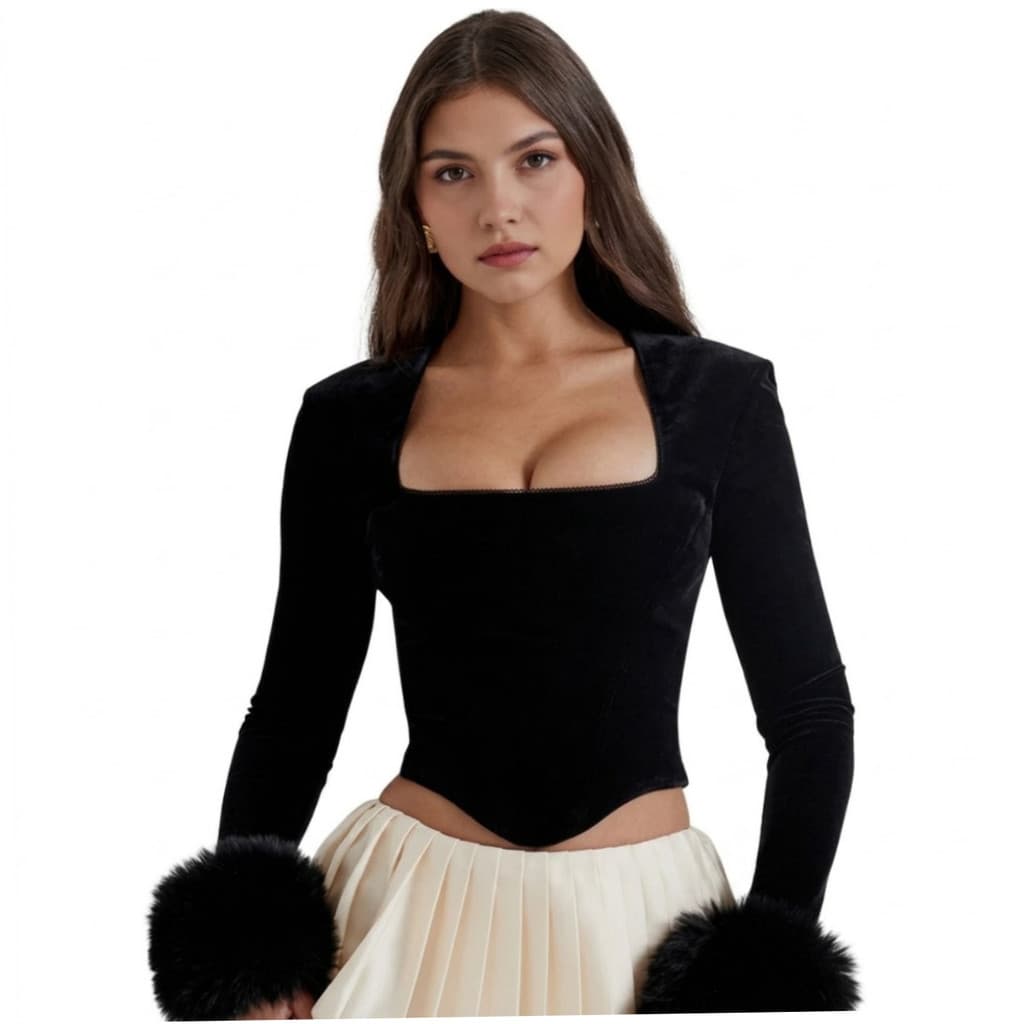 Blusa Cropped de Veludo Feminina Manga Longa Decote Quadrado Com Felpos Cor Preta Punhos de Pelúcia