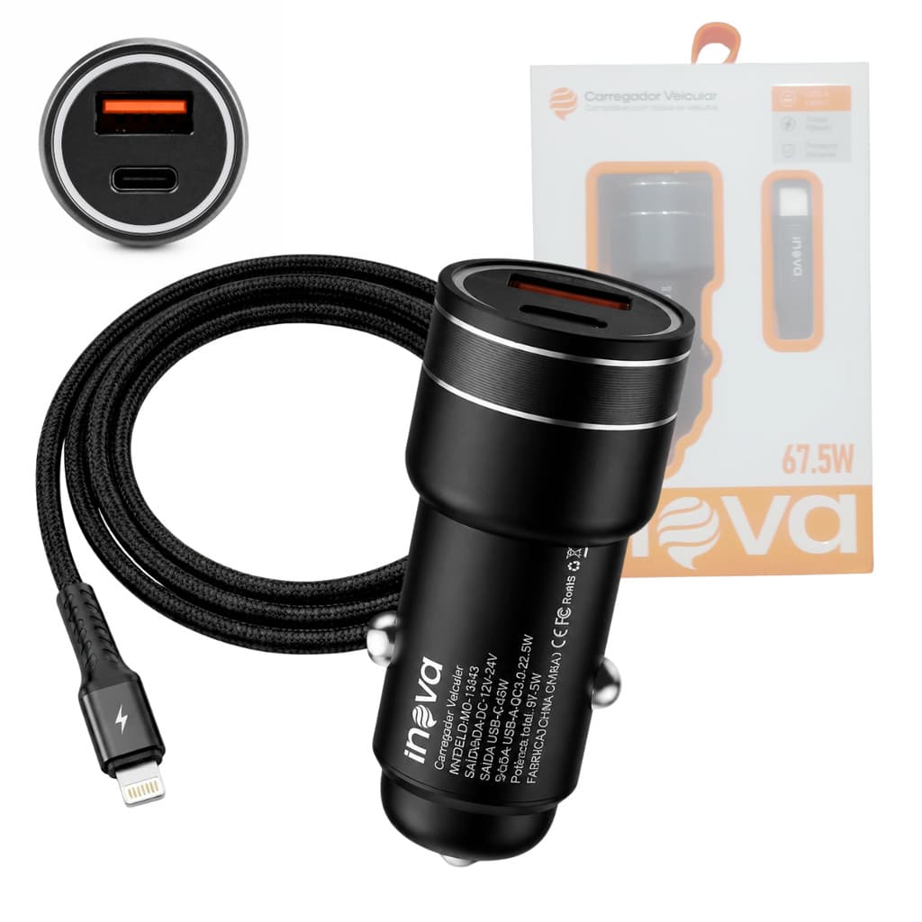 Carregador Automotivo Turbo 67.5W + Cabo Lightning de 1 Metro