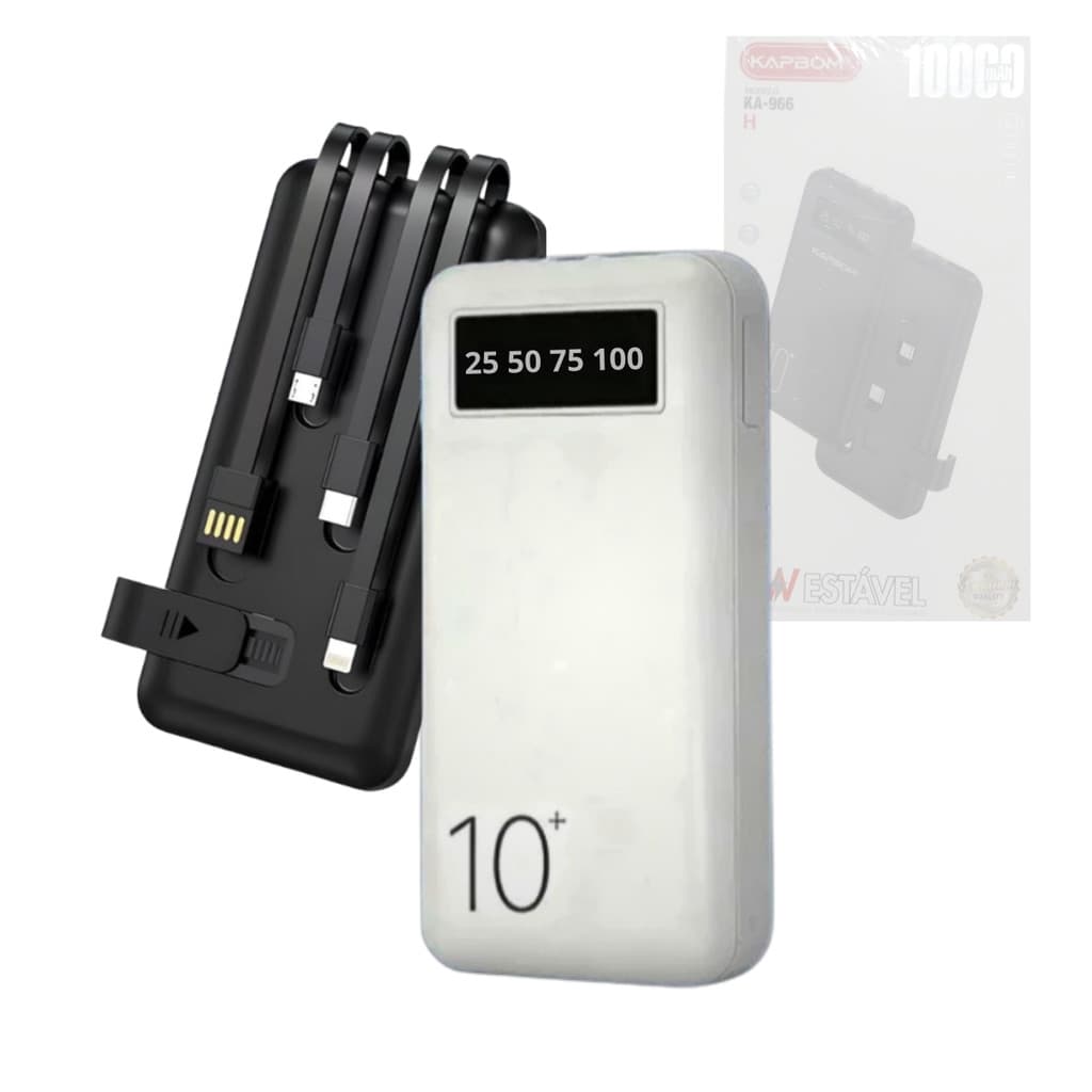 Carregador Power Bank 10000mAh com 04 Saídas USB / V8 / TIPO-C / Lightning Visor LED Original Kapbom