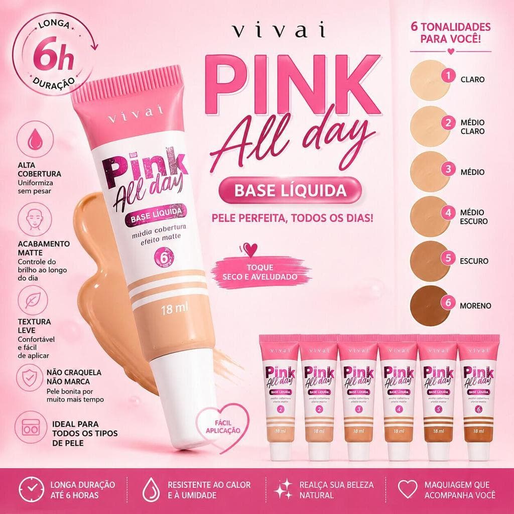 Vivai Base Pink All Day 1104.1.1 Fórmula Leve Acabamento Natural Cobertura Uniforme e Confortável